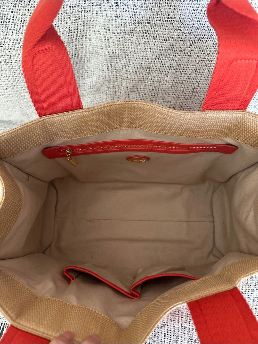 Tory Burch Tan Canvas Tote with Red Trim and Logo Patch